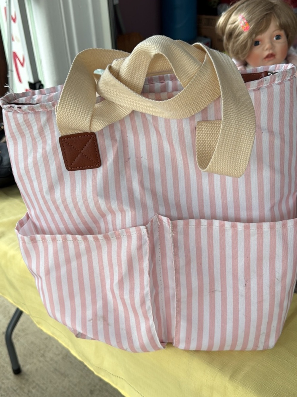 Canvas Striped lunch bag;Pink and Cream